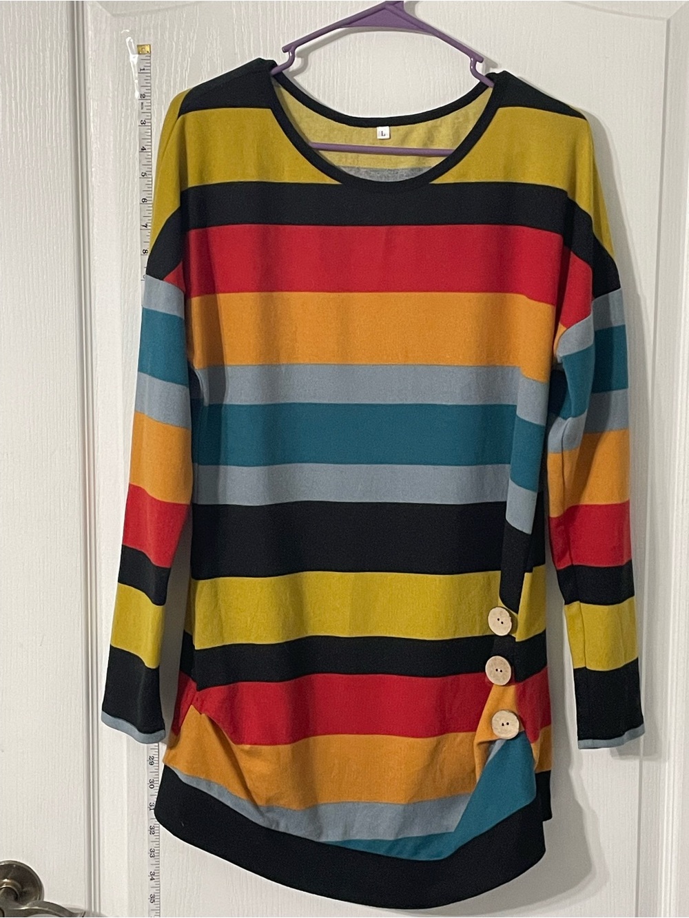 Striped Multicolor Crewneck Sweater w/Faux Button Detail - Picture 11 of 13
